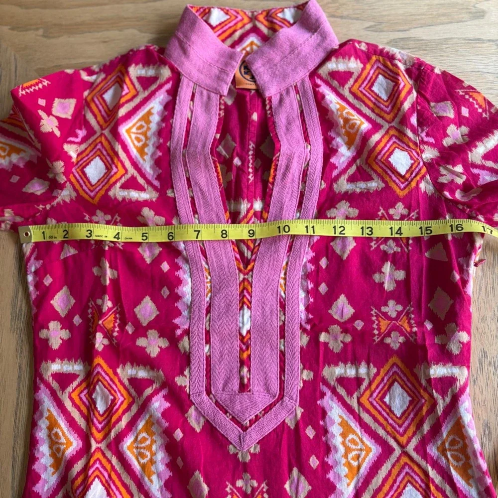 $349‎ TORY BURCH 0/XS Pink Ikat Geometric Cotton Tunic Dress Long Sleeve Resort